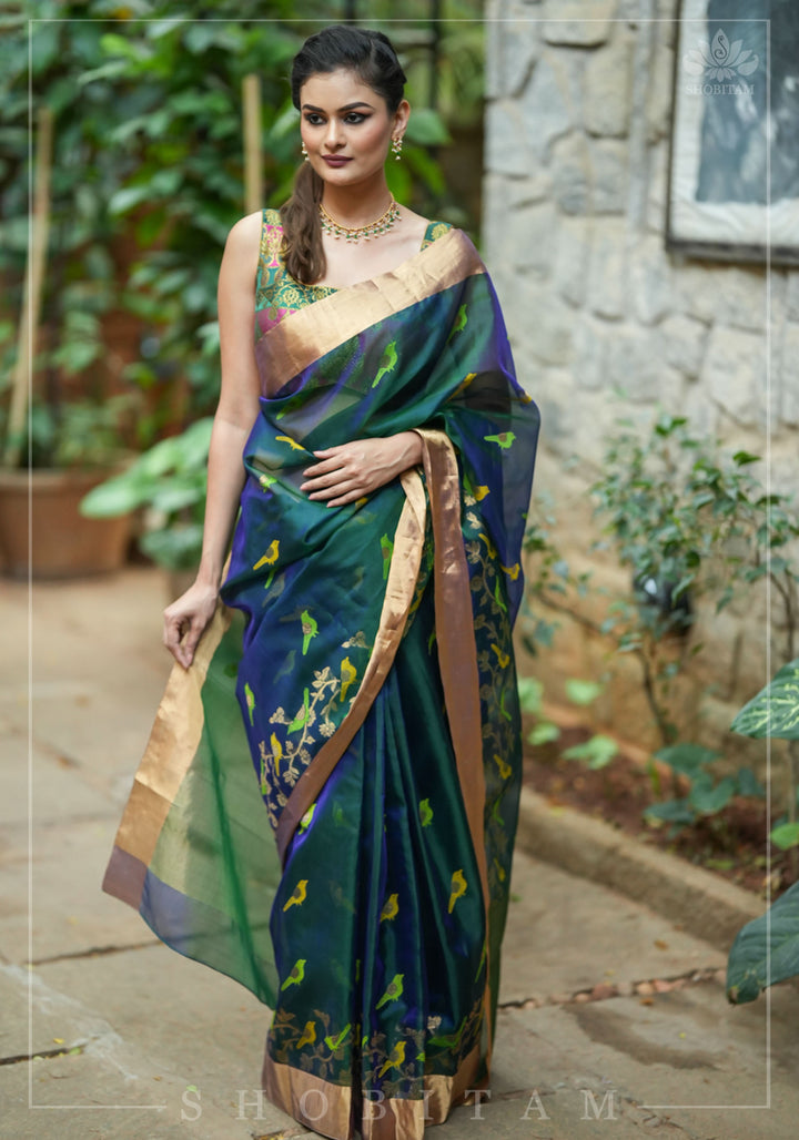 Meenakari Birds Chanderi Silk Saree in Blue Green Dual Tone