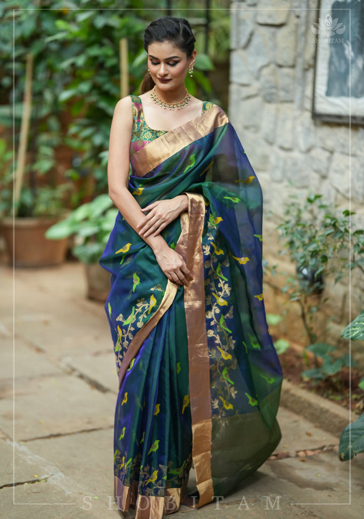Meenakari Birds Chanderi Silk Saree in Blue Green Dual Tone