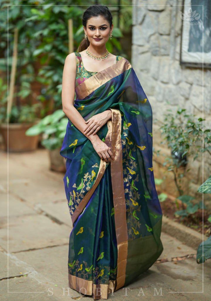 Meenakari Birds Chanderi Silk Saree in Blue Green Dual Tone