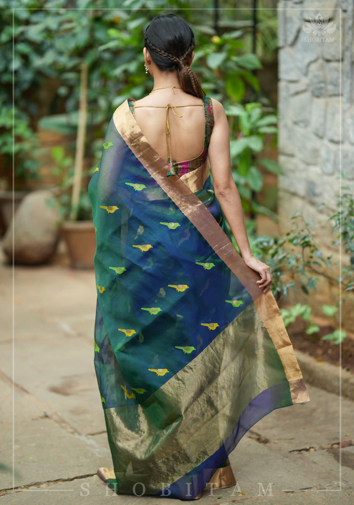 Meenakari Birds Chanderi Silk Saree in Blue Green Dual Tone