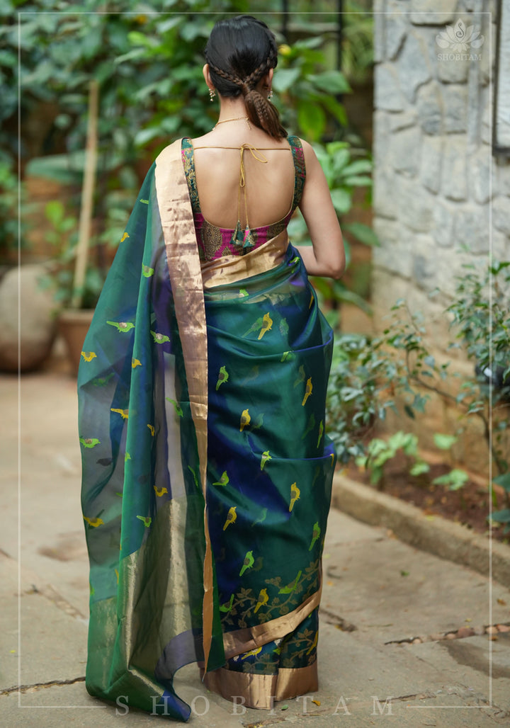 Meenakari Birds Chanderi Silk Saree in Blue Green Dual Tone