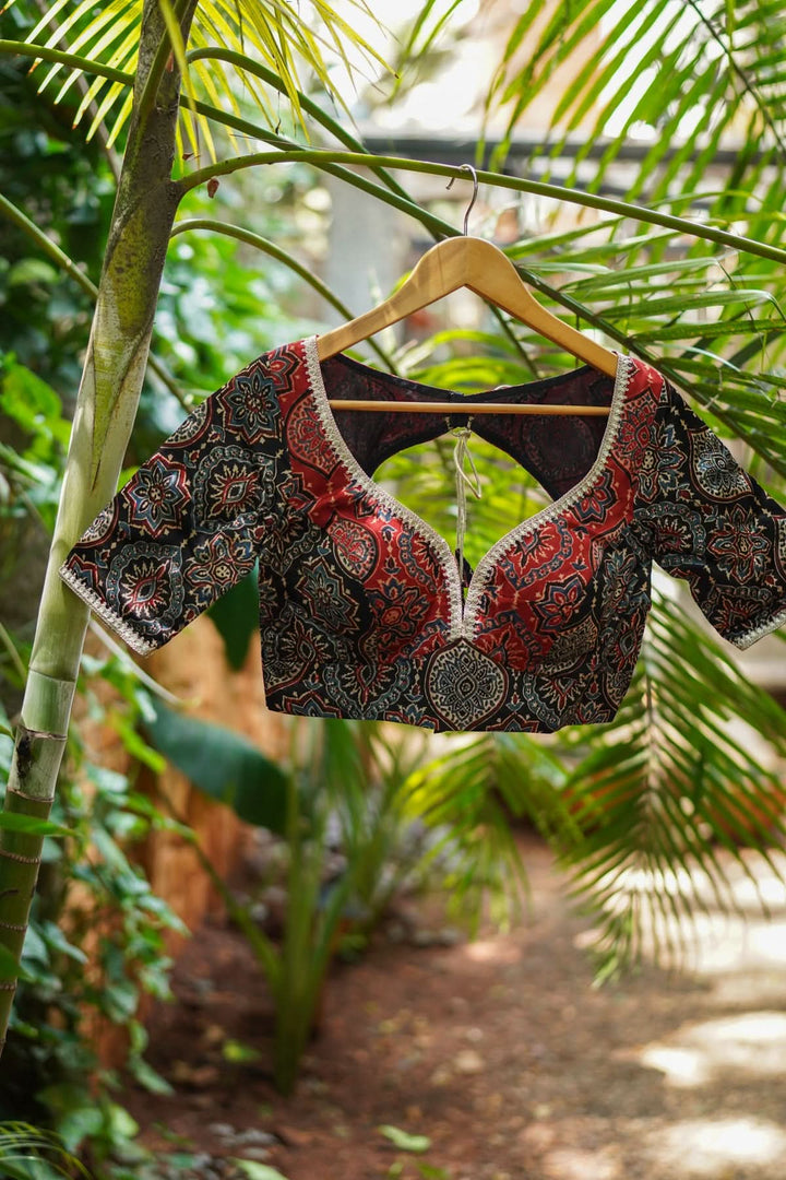 Black and Red Ajrakh Modal Silk Blouse with gota detailing  Mix and Match Blouse for saree, Made to Order