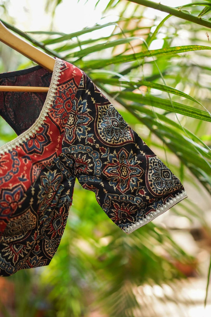 Black and Red Ajrakh Modal Silk Blouse with gota detailing  Mix and Match Blouse for saree, Made to Order