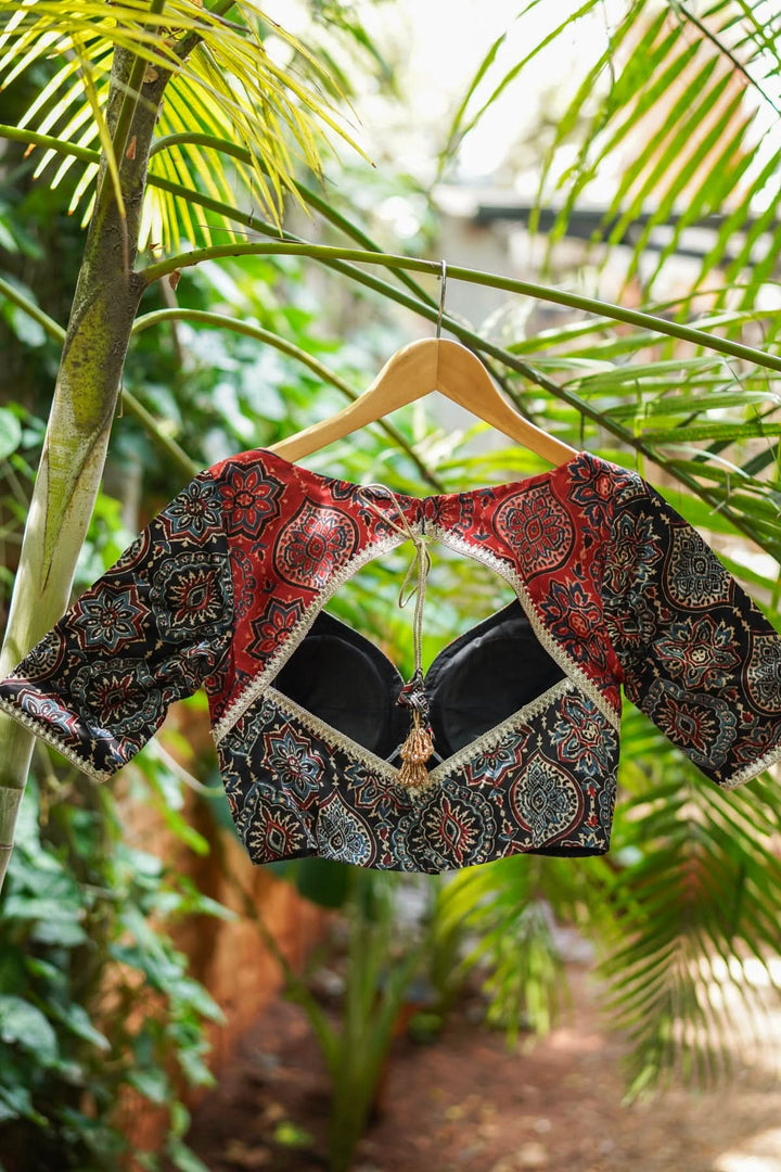Black and Red Ajrakh Modal Silk Blouse with gota detailing  Mix and Match Blouse for saree, Made to Order