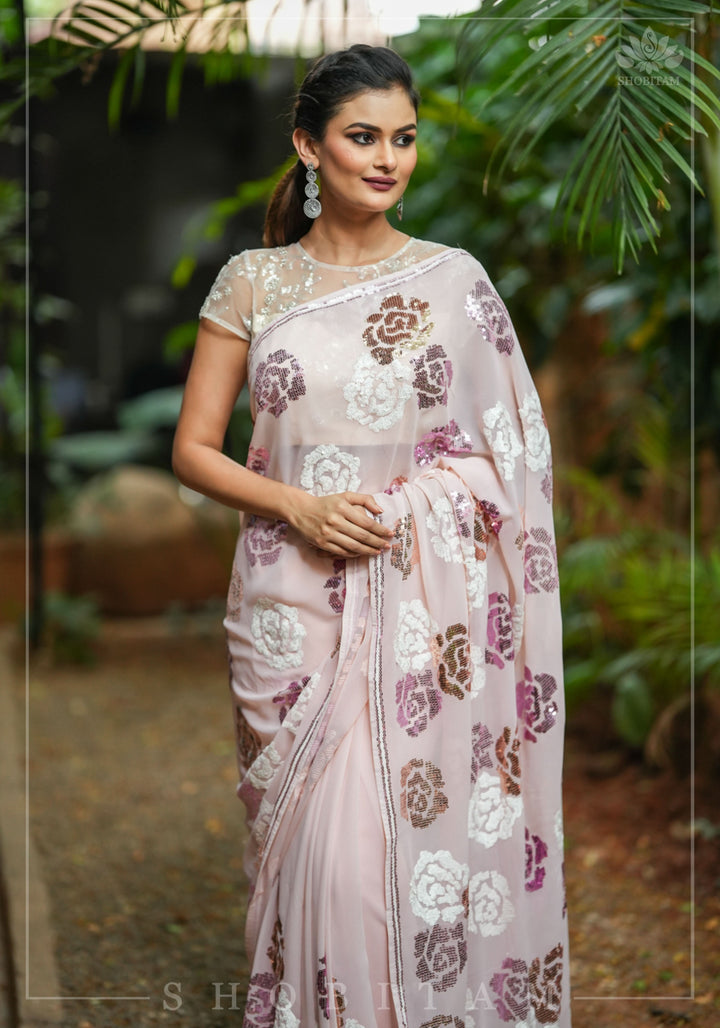 Georgette Saree with Rose Sequin work in Dusty Peach