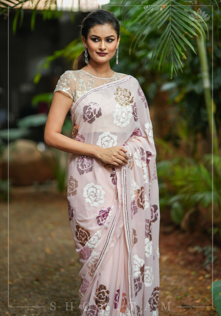 Georgette Saree with Rose Sequin work in Dusty Peach