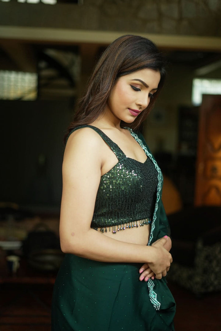 Sequin Sweetheart neck Blouse with crystal beads detailing in Bottle Green