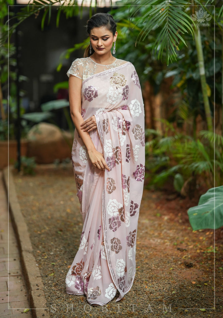 Georgette Saree with Rose Sequin work in Dusty Peach