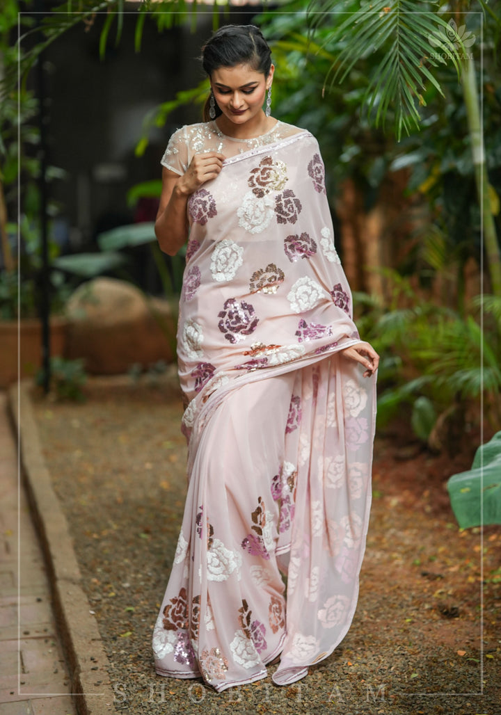 Georgette Saree with Rose Sequin work in Dusty Peach