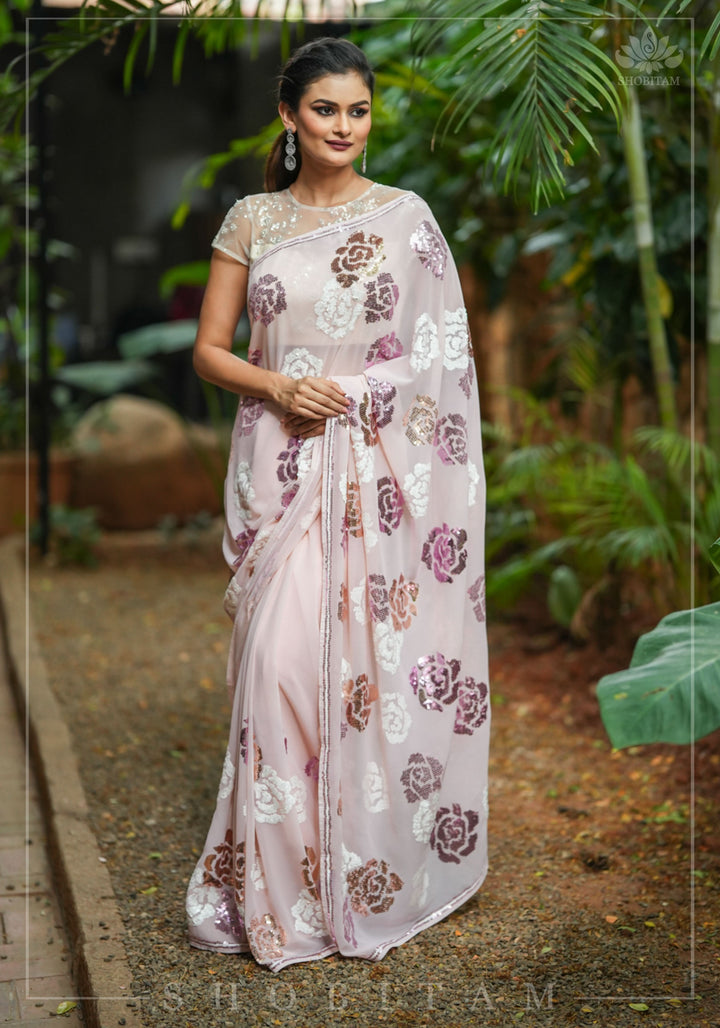 Georgette Saree with Rose Sequin work in Dusty Peach
