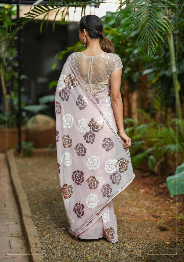 Georgette Saree with Rose Sequin work in Dusty Peach