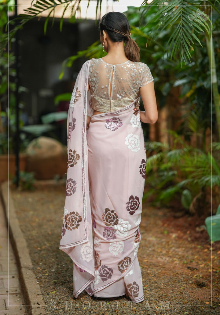 Georgette Saree with Rose Sequin work in Dusty Peach