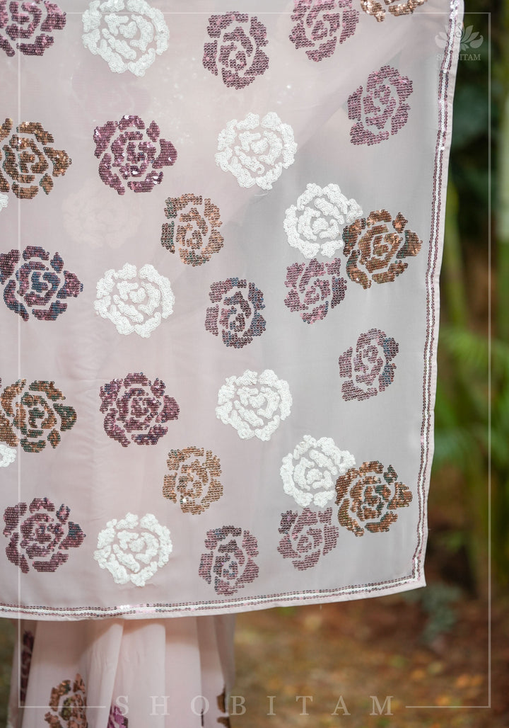 Georgette Saree with Rose Sequin work in Dusty Peach