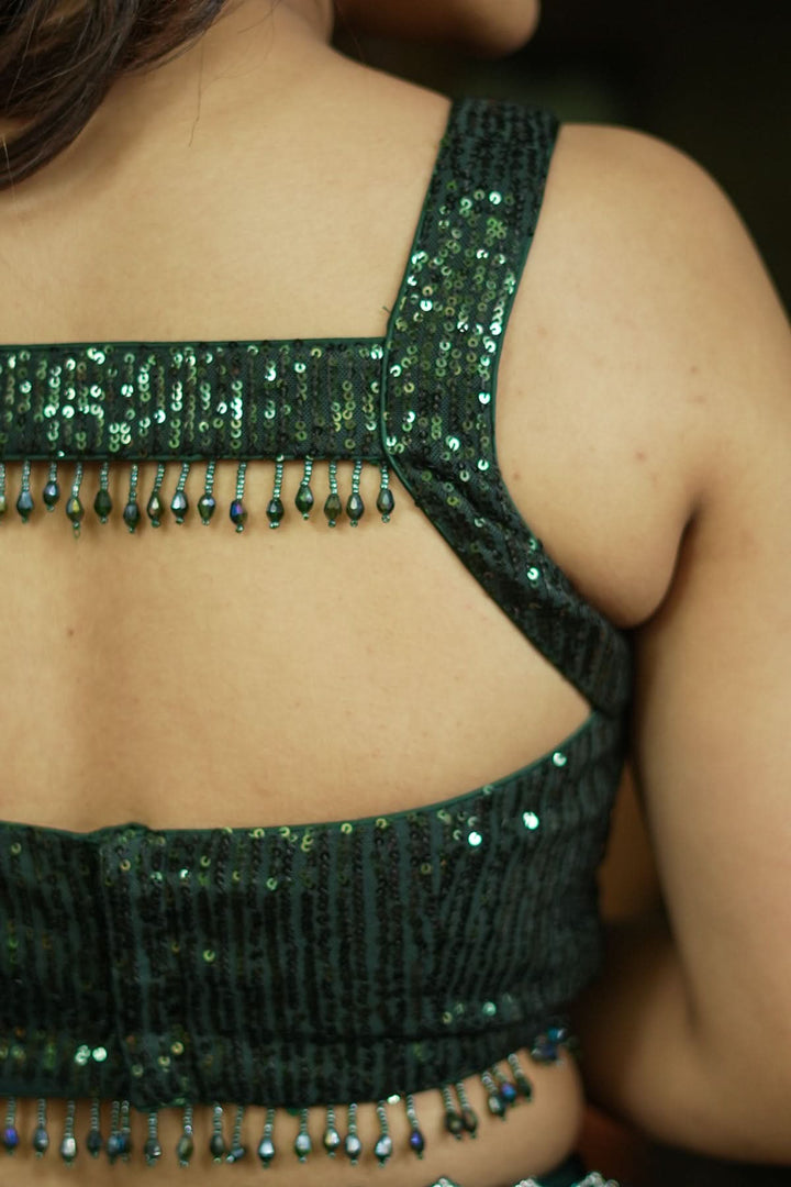 Sequin Sweetheart neck Blouse with crystal beads detailing in Bottle Green