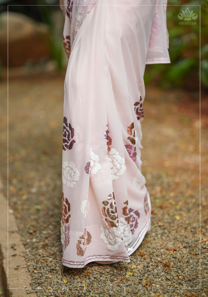 Georgette Saree with Rose Sequin work in Dusty Peach