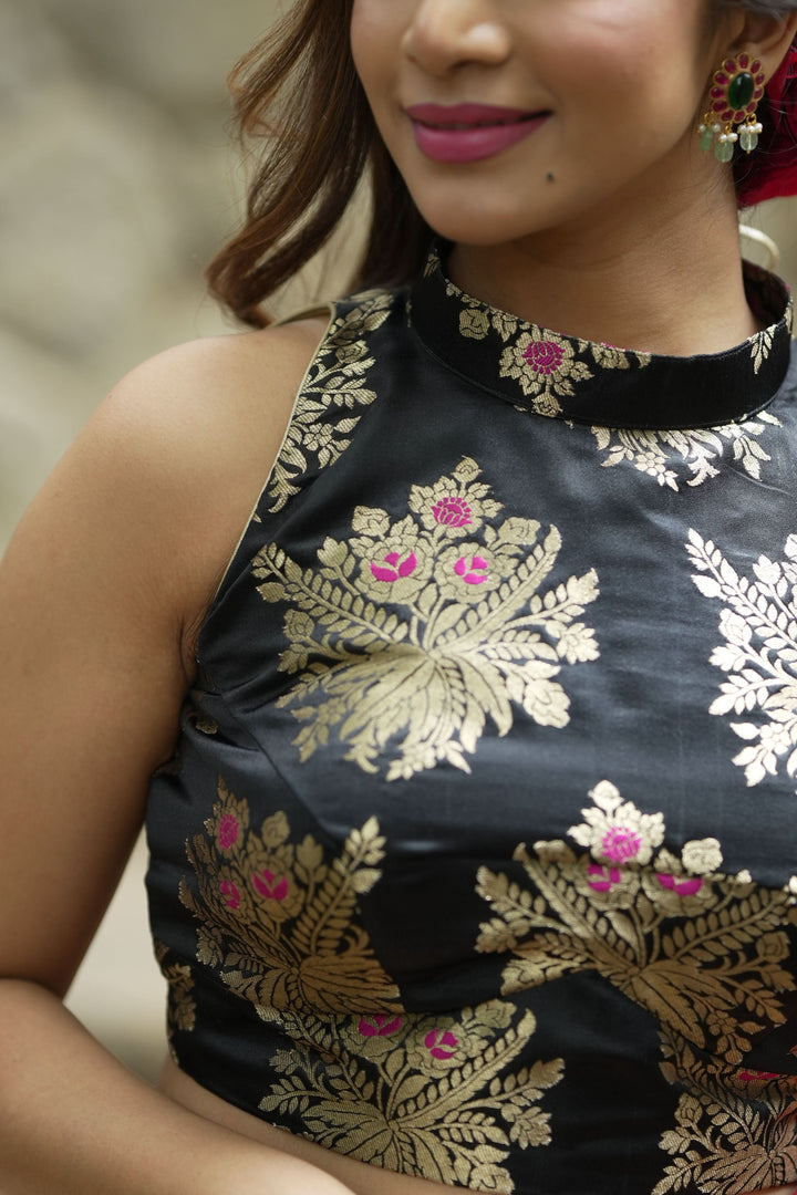 Black Meenakari halter neck mix and match blouse for saree, Made to Order