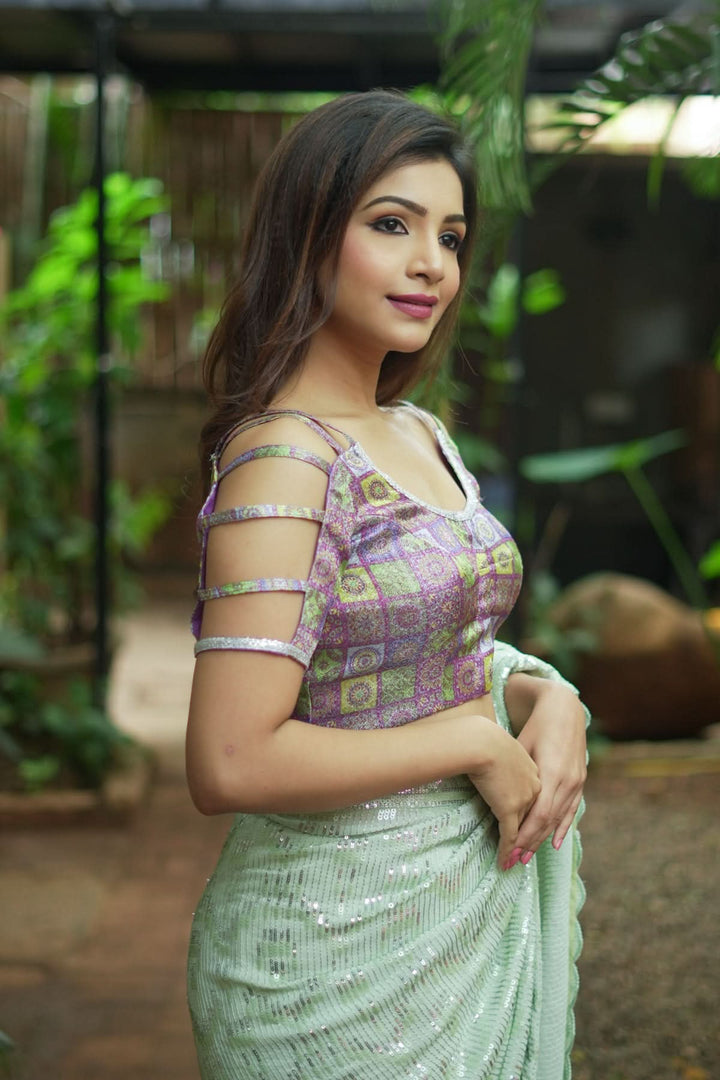 Full Sequins Embellished Georgette Saree in Sage Green with Scalloped border