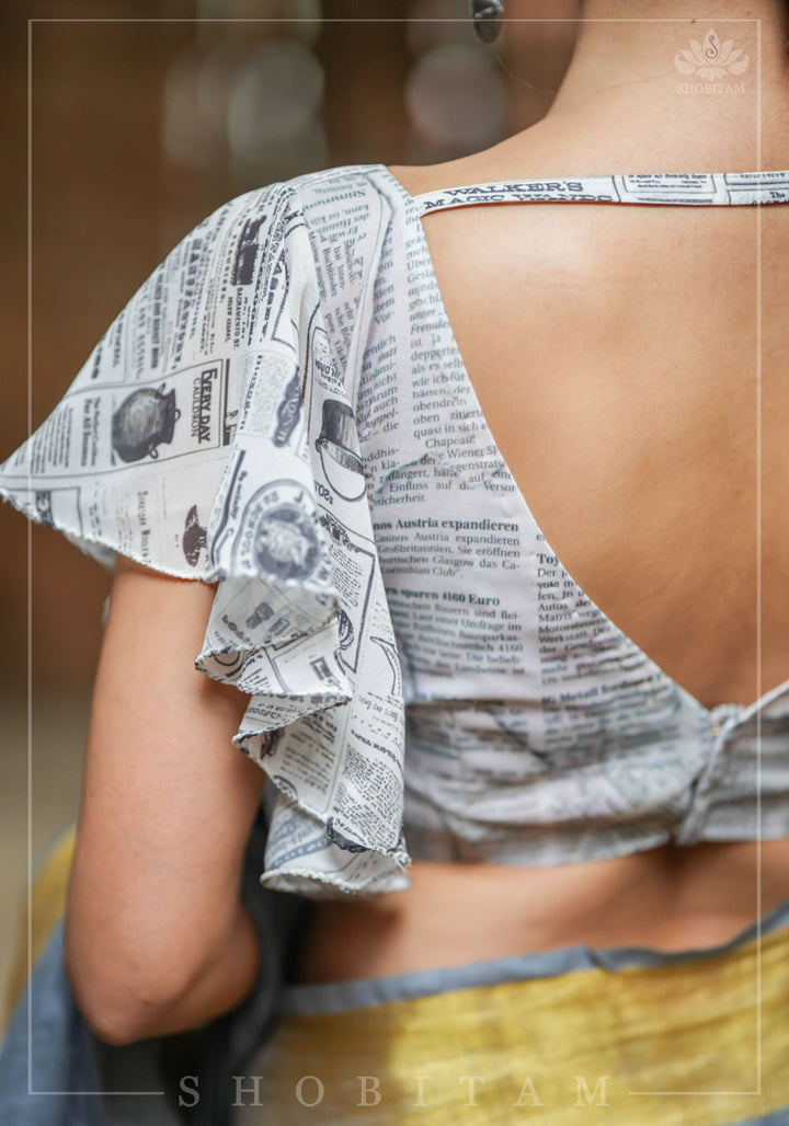 Newspaper Print Blouse with Ruffle Sleeves in Georgette!
