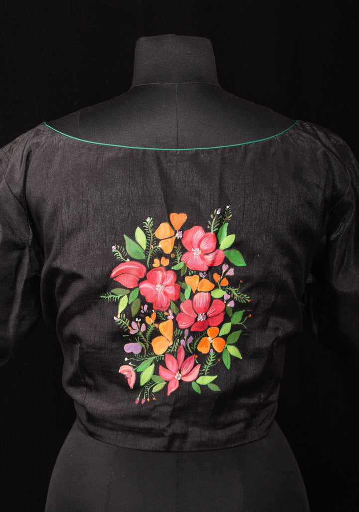 Floral - Authentic Hand painting on Black semi silk blouse