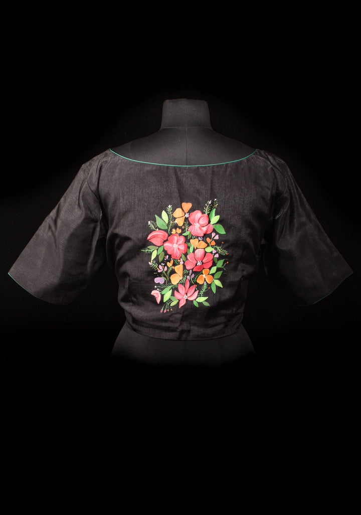 Floral - Authentic Hand painting on Black semi silk blouse