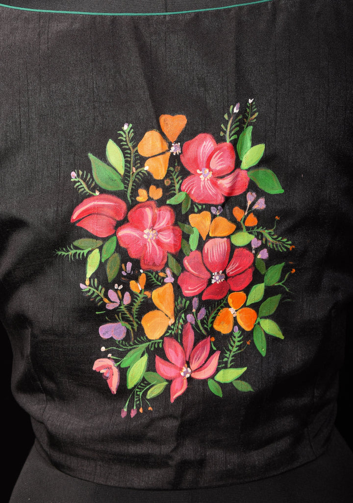 Floral - Authentic Hand painting on Black semi silk blouse
