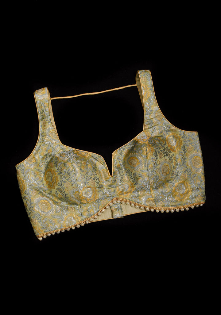 Pista Green Tanchoi Floral sleeveless blouse with beaded trim detailing, Customizable, Made to order