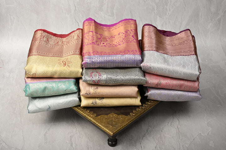 Discounted Bundle of 10 for Gifting: Assorted Mix of 10 Kanjivaram Meenakari Tissue Semi Silk Sarees