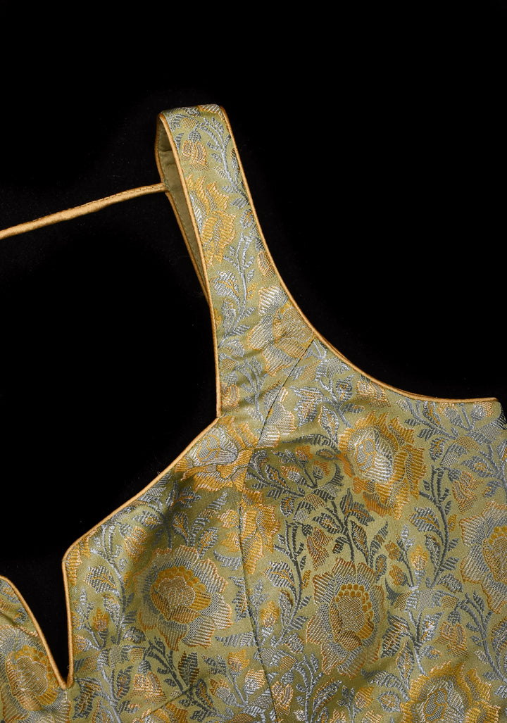 Pista Green Tanchoi Floral sleeveless blouse with beaded trim detailing, Customizable, Made to order