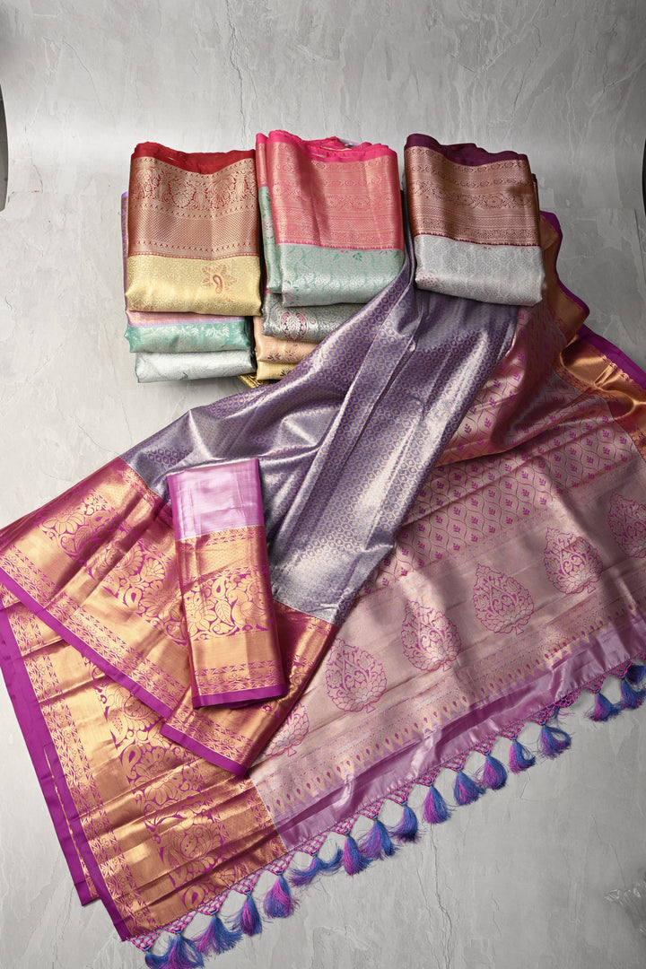Discounted Bundle of 10 for Gifting: Assorted Mix of 10 Kanjivaram Meenakari Tissue Semi Silk Sarees