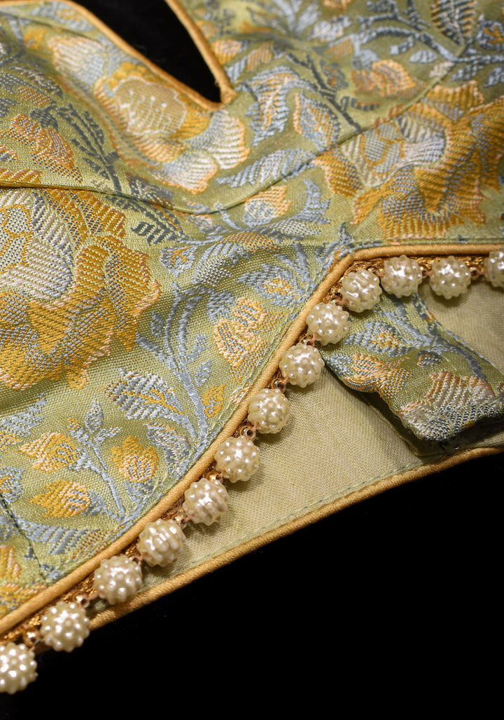 Pista Green Tanchoi Floral sleeveless blouse with beaded trim detailing, Customizable, Made to order