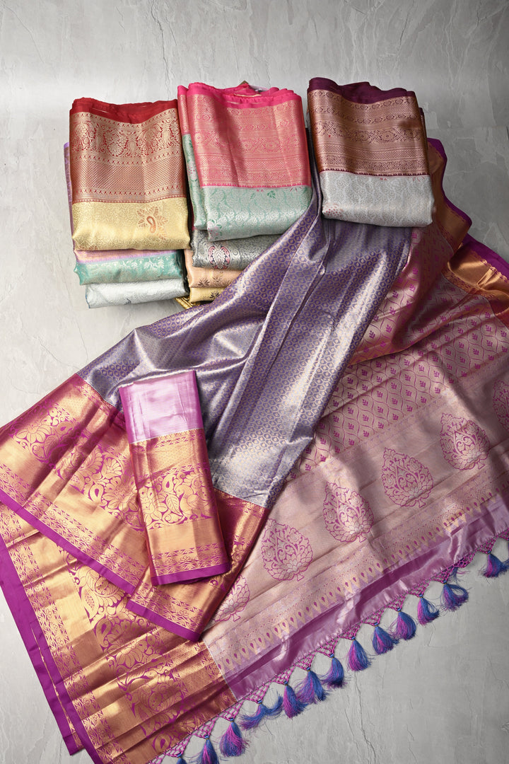 Discounted Bundle of 10 for Gifting: Assorted Mix of 10 Kanjivaram Meenakari Tissue Semi Silk Sarees