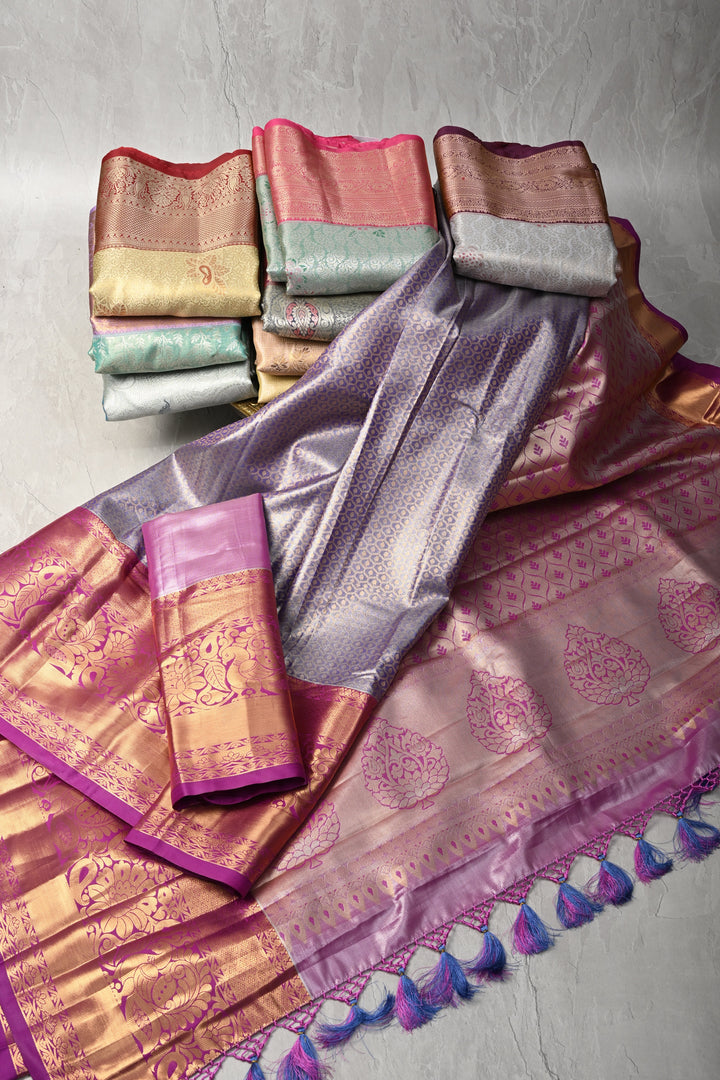 Discounted Bundle of 10 for Gifting: Assorted Mix of 10 Kanjivaram Meenakari Tissue Semi Silk Sarees