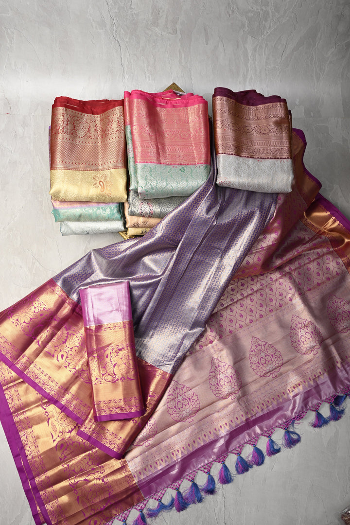 Discounted Bundle of 10 for Gifting: Assorted Mix of 10 Kanjivaram Meenakari Tissue Semi Silk Sarees