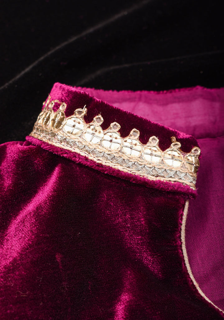 Purple Velvet Blouse with Double Keyhole Neck, back cutout and Gota Patti Detailing