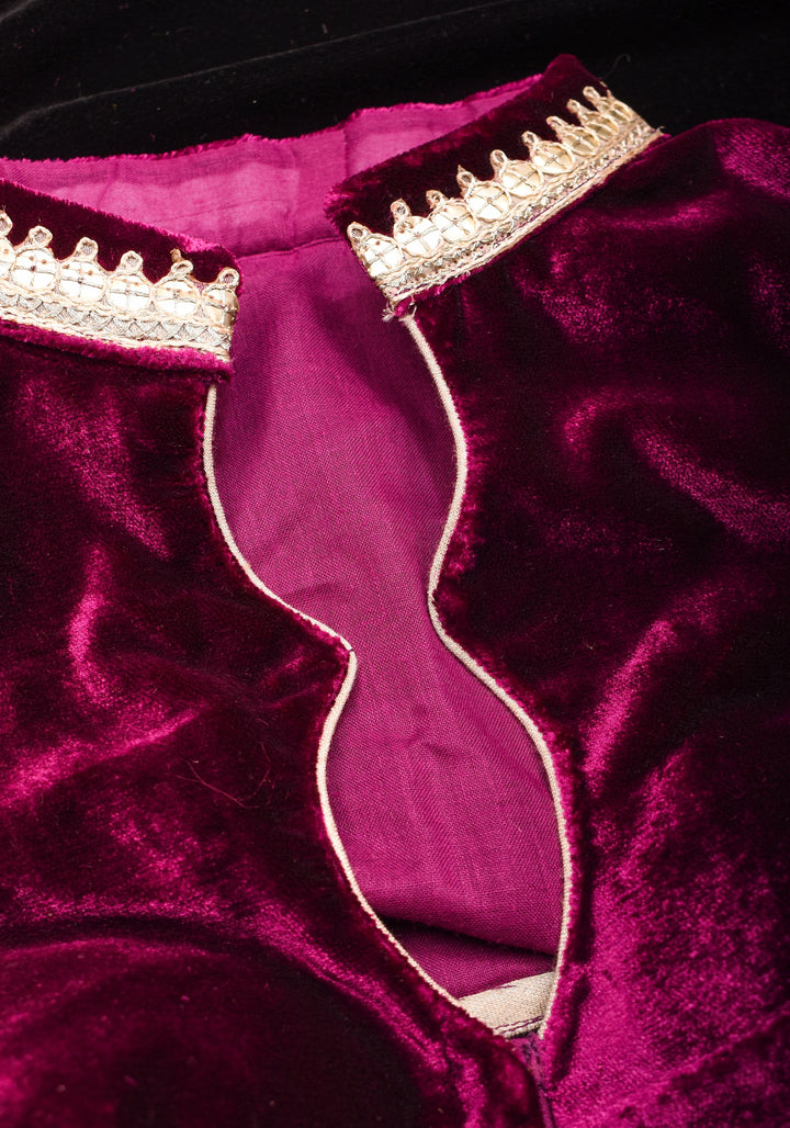 Purple Velvet Blouse with Double Keyhole Neck, back cutout and Gota Patti Detailing