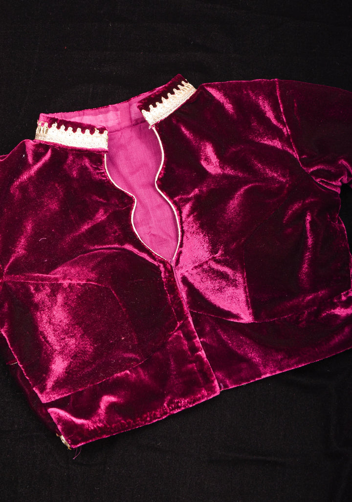 Purple Velvet Blouse with Double Keyhole Neck, back cutout and Gota Patti Detailing