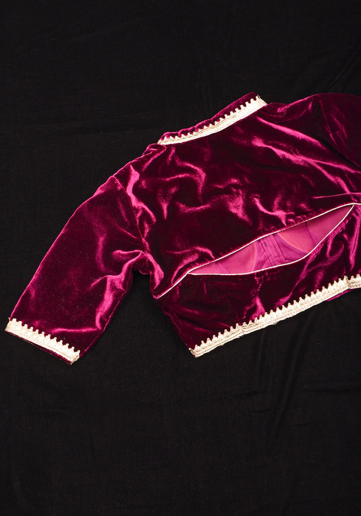Purple Velvet Blouse with Double Keyhole Neck, back cutout and Gota Patti Detailing