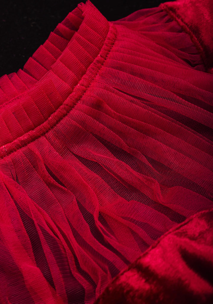 Pomegranate Red Velvet Blouse with Gathered Net Illusion Neck, Made to order