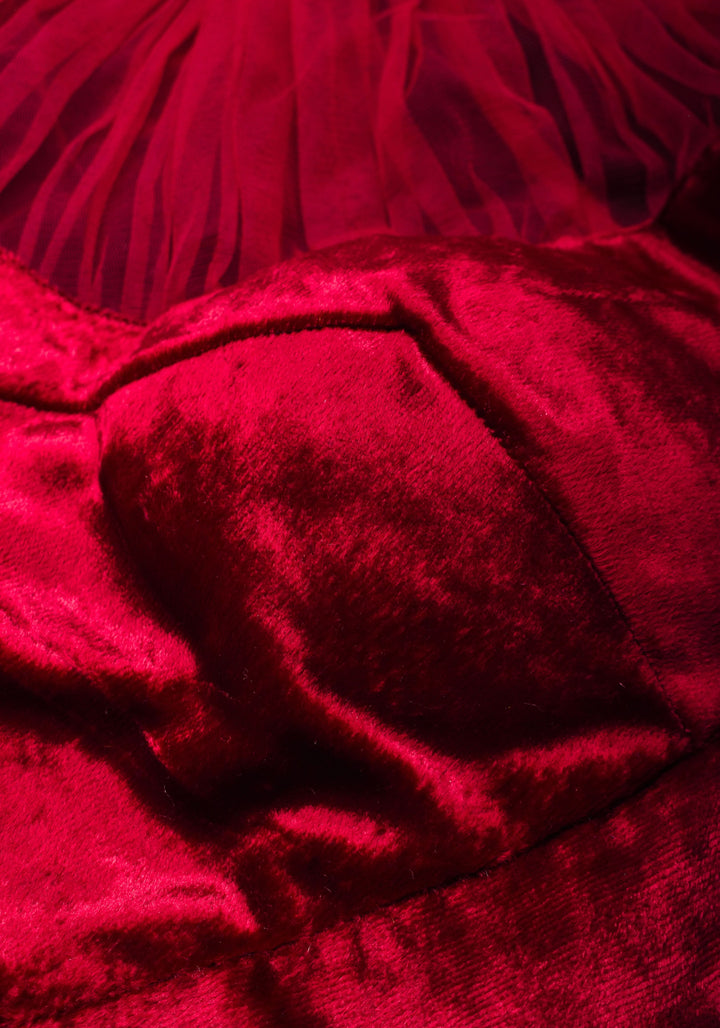 Pomegranate Red Velvet Blouse with Gathered Net Illusion Neck, Made to order