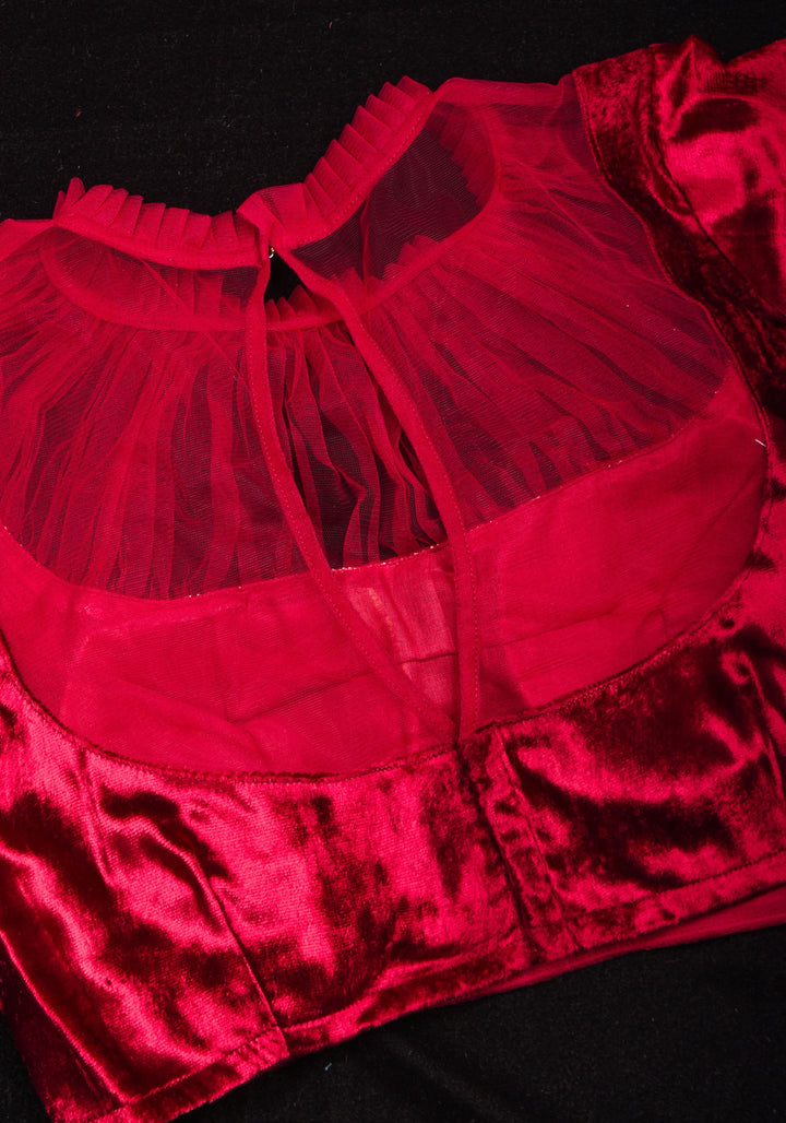 Pomegranate Red Velvet Blouse with Gathered Net Illusion Neck, Made to order