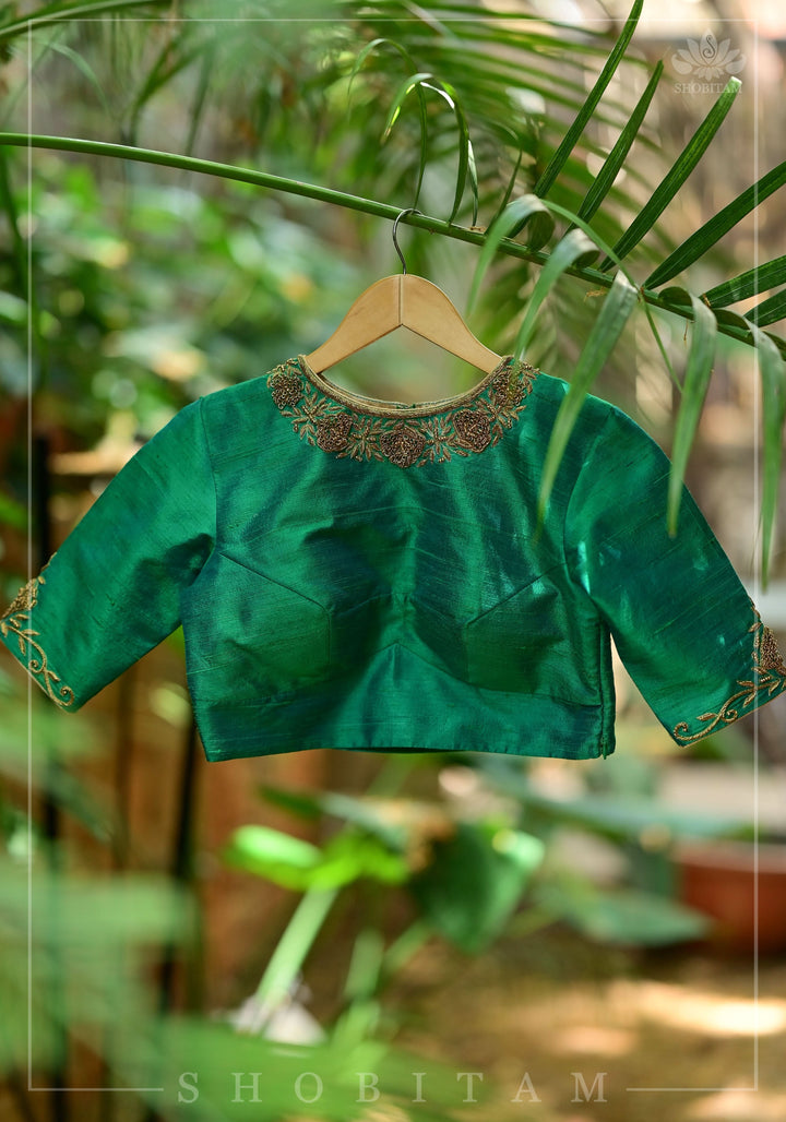 Green Dual Tone Pure Raw Silk Blouse with Antique Tone Zardosi work