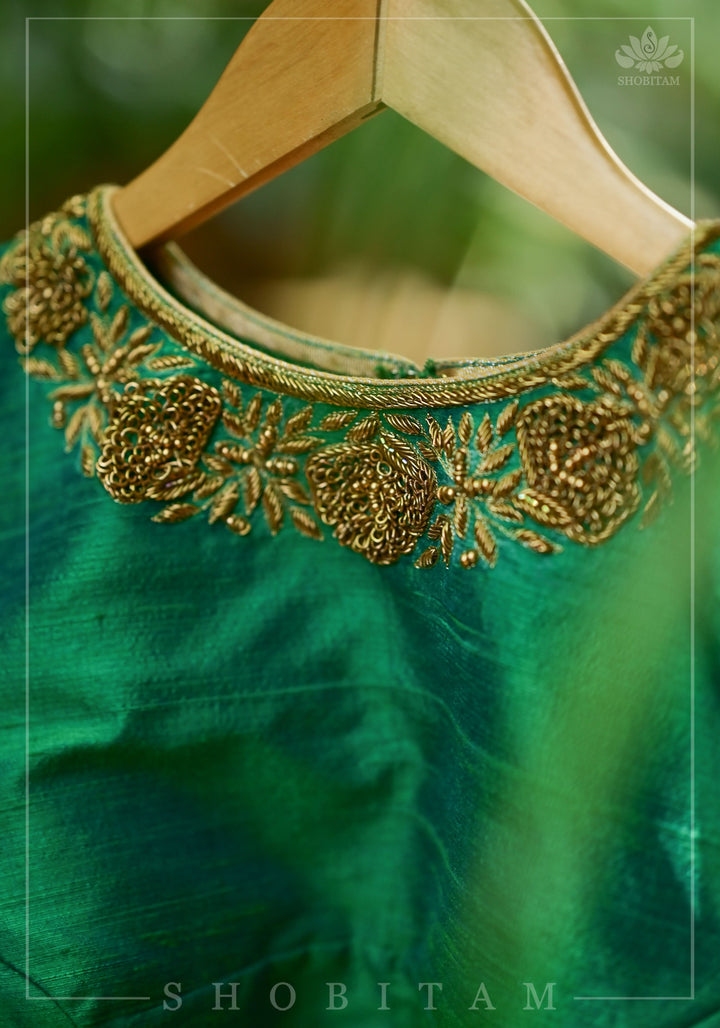 Green Dual Tone Pure Raw Silk Blouse with Antique Tone Zardosi work