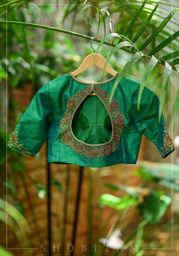 Green Dual Tone Pure Raw Silk Blouse with Antique Tone Zardosi work