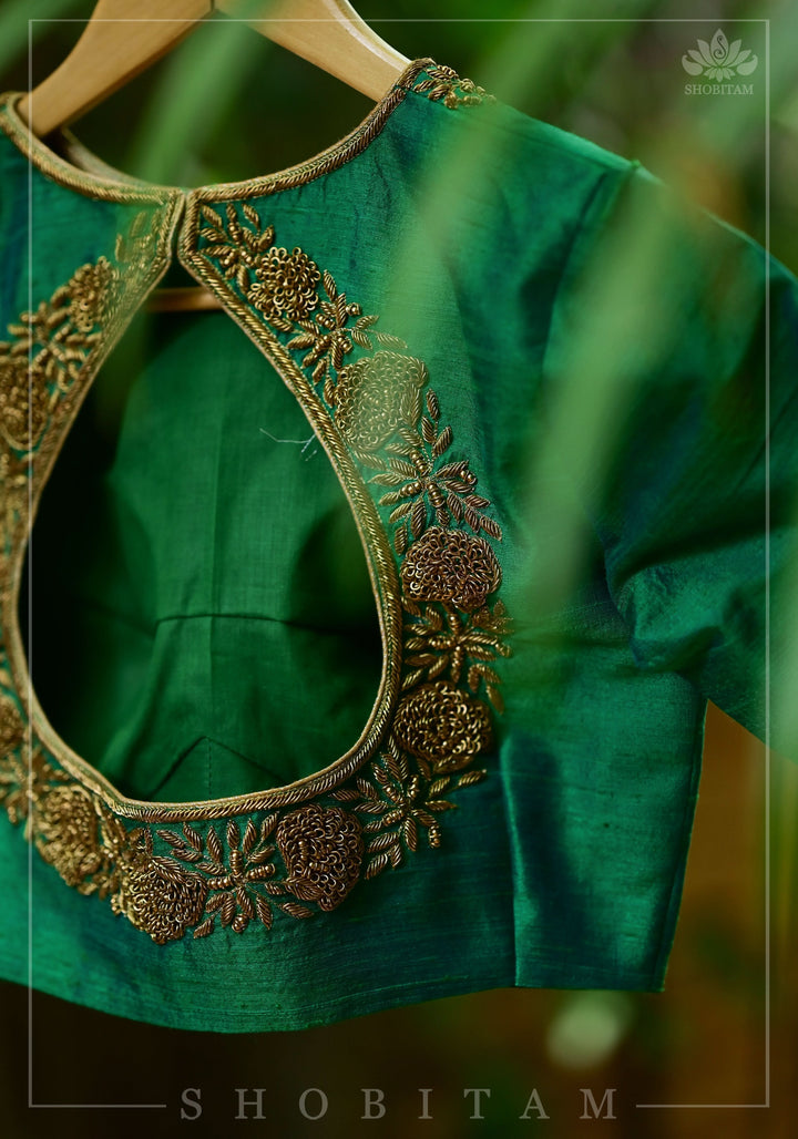 Green Dual Tone Pure Raw Silk Blouse with Antique Tone Zardosi work
