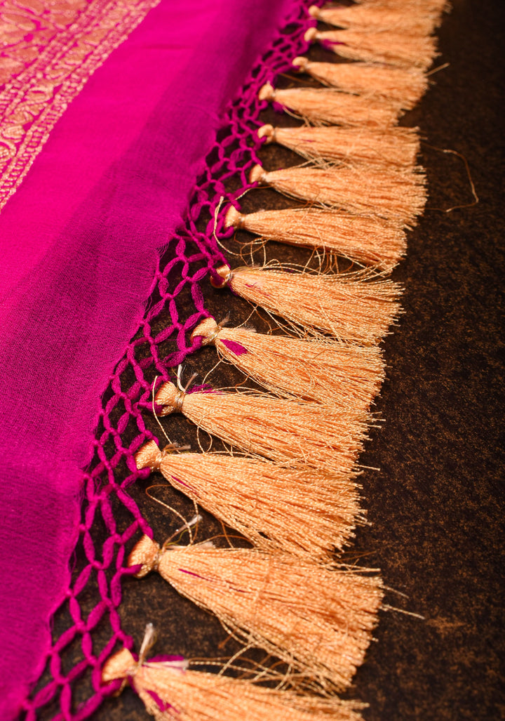 Authentic Hand Bandhej Banarasi Silk Georgette Saree in Pink | SILK MARK CERTIFIED. Vidya Balan Special Celebrity Saree