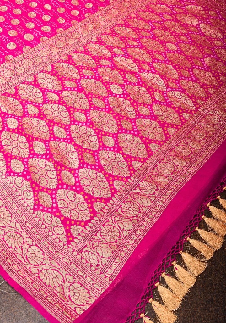 Authentic Hand Bandhej Banarasi Silk Georgette Saree in Pink | SILK MARK CERTIFIED. Vidya Balan Special Celebrity Saree