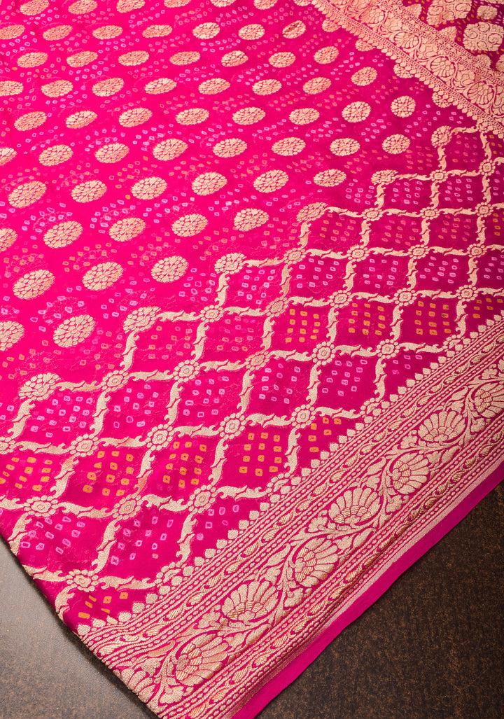 Authentic Hand Bandhej Banarasi Silk Georgette Saree in Pink | SILK MARK CERTIFIED. Vidya Balan Special Celebrity Saree
