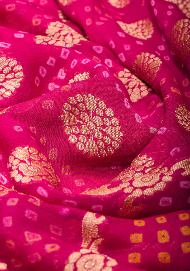 Authentic Hand Bandhej Banarasi Silk Georgette Saree in Pink | SILK MARK CERTIFIED. Vidya Balan Special Celebrity Saree