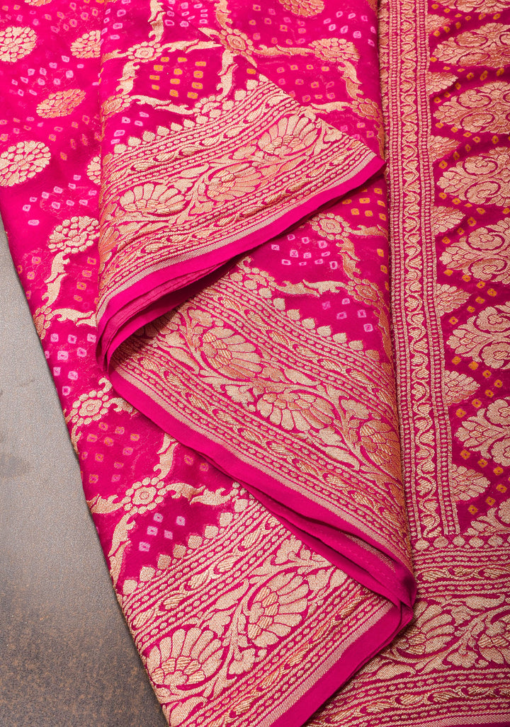 Authentic Hand Bandhej Banarasi Silk Georgette Saree in Pink | SILK MARK CERTIFIED. Vidya Balan Special Celebrity Saree