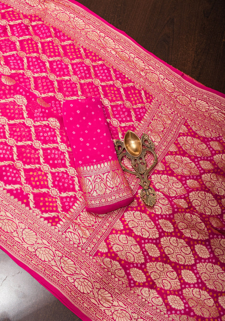 Authentic Hand Bandhej Banarasi Silk Georgette Saree in Pink | SILK MARK CERTIFIED. Vidya Balan Special Celebrity Saree